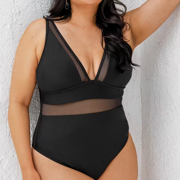 Cupshe Black Mesh Panel One Piece Swimsuit 1X | Tummy Control | NWT - Picture 4 of 4